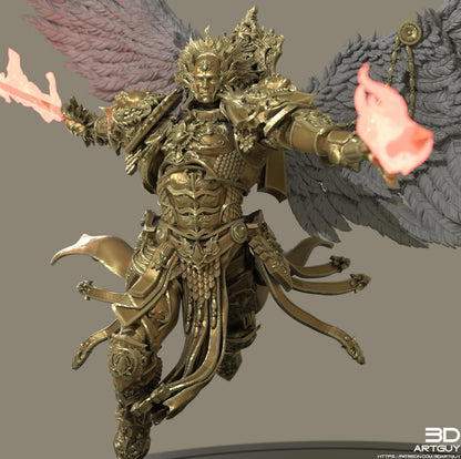 A detailed 3D rendering of a winged armored figure wielding a flaming weapon, with intricate armor and flowing robes.