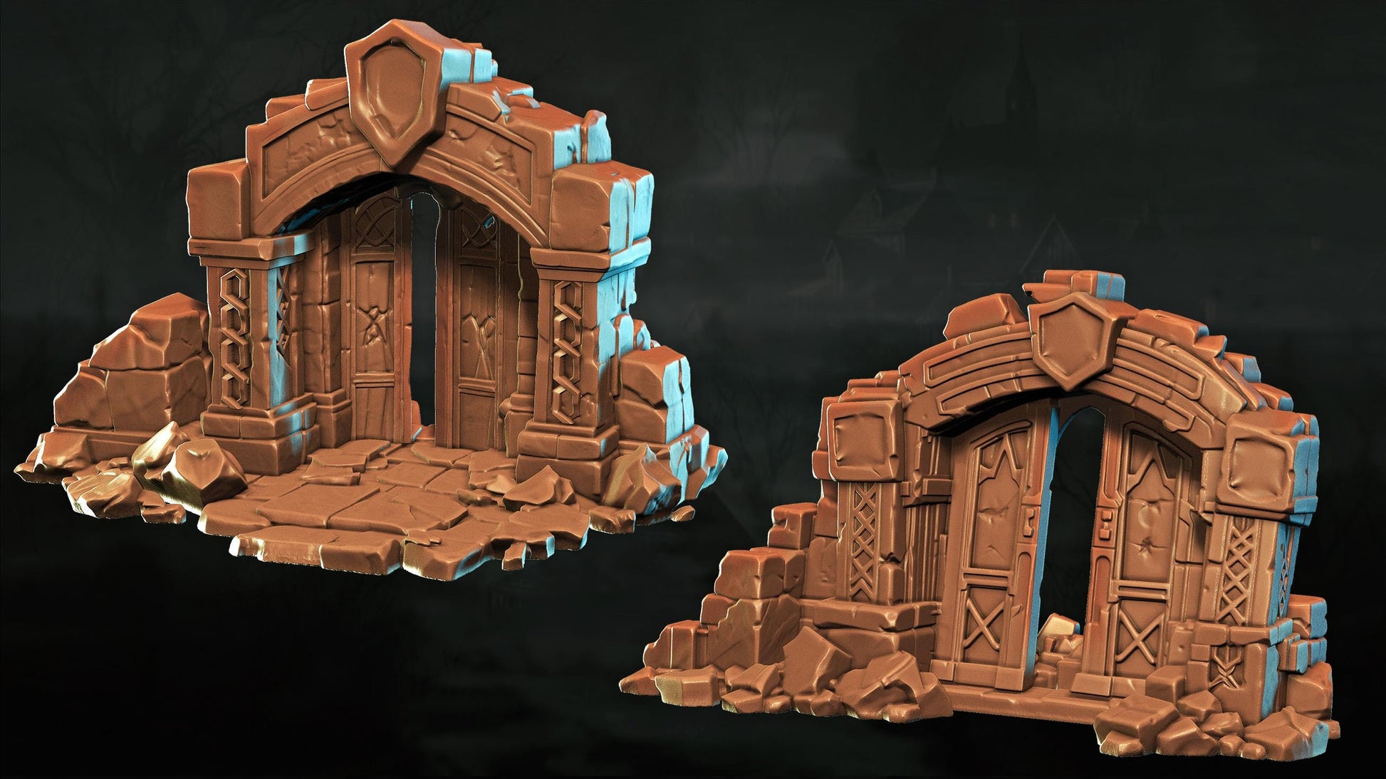 two 3D-rendered stone gateways or doorways, one on the left and one on the right, set against a dark background.