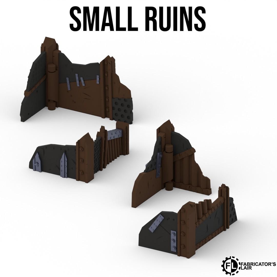 several small ruins, which are brown and black structures with various shapes and sizes. The ruins appear to be made of wood and are scattered across the image.