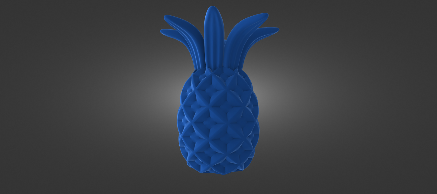 A 3D rendering of a blue pineapple with a textured surface and pointed top.