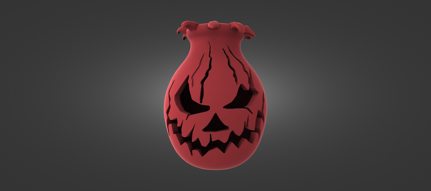 A red, spooky-looking object resembling a skull or a monster with a menacing expression, set against a dark background.