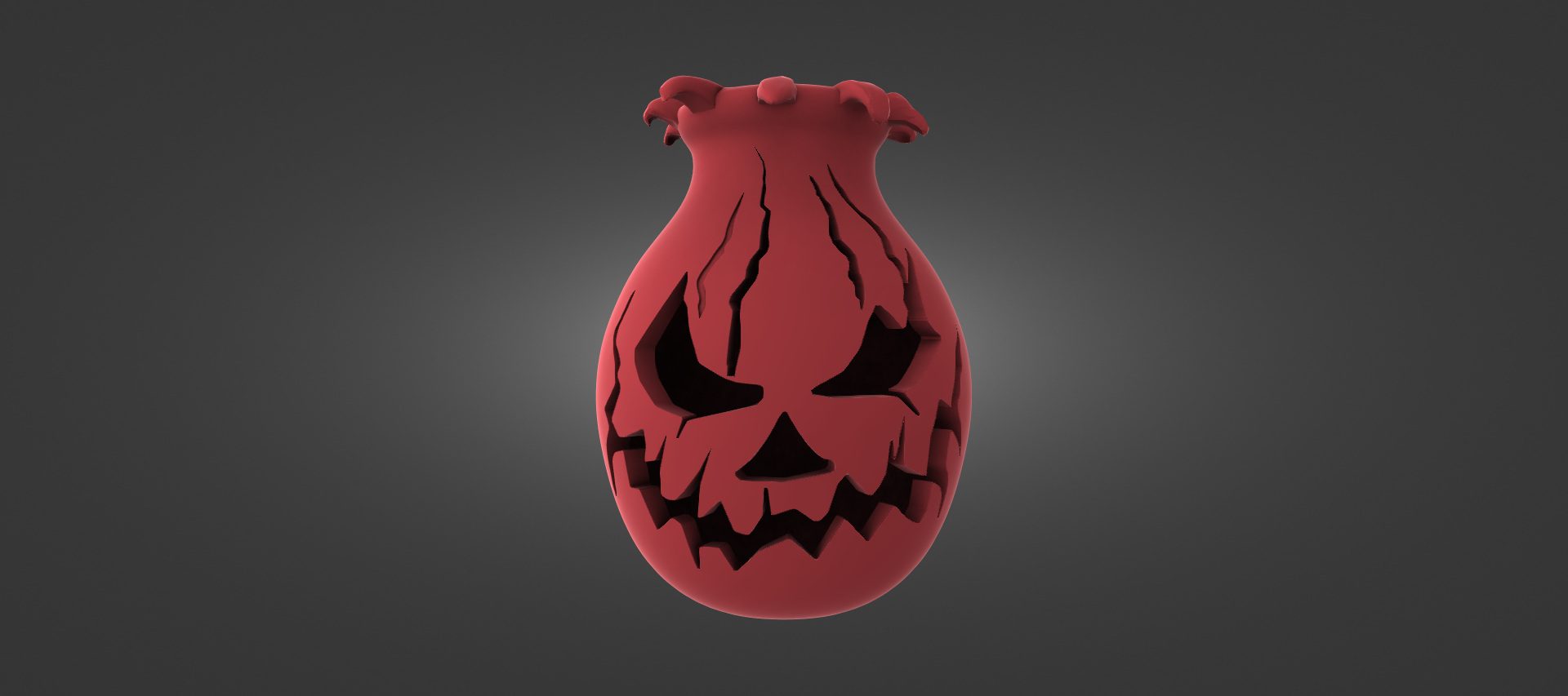 A red, spooky-looking object resembling a skull or a monster with a menacing expression, set against a dark background.
