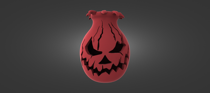 A red, spooky-looking object resembling a skull or a monster with a menacing expression, set against a dark background.