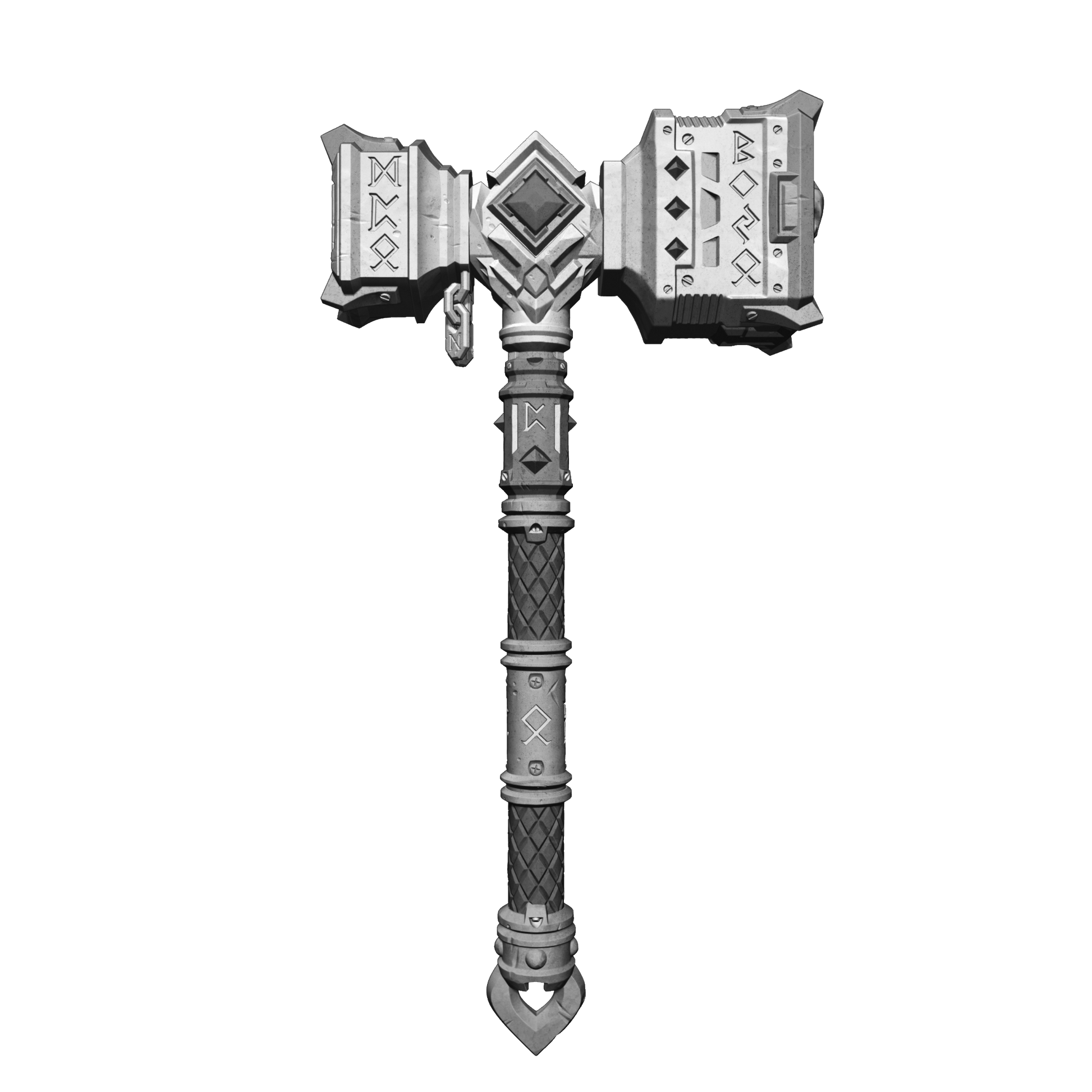 A detailed 3D rendering of a large, ornate hammer with intricate designs and patterns.