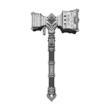 A detailed 3D rendering of a large, ornate hammer with intricate designs and patterns.