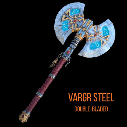 A detailed 3D rendering of a double-bladed sword with intricate designs and symbols, including the text "Vargr Steel" and "Double-bladed".