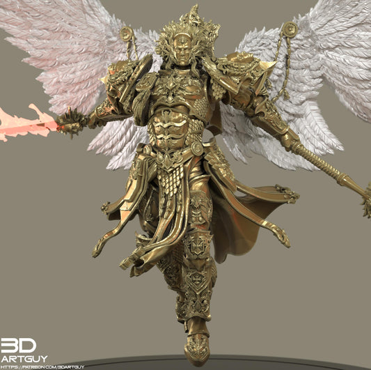 A detailed 3D rendering of a golden armored figure with wings, wielding a sword and shield, set against a neutral background.
