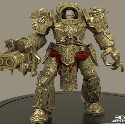 A highly detailed and ornate golden armored figure, likely a warrior or knight, with intricate designs and decorations on its body and equipment.