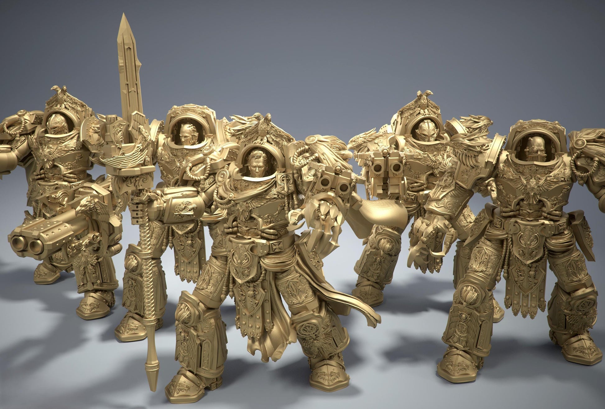 A group of detailed, golden-colored robotic figures, likely from a science fiction or fantasy setting, posed together.