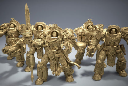 A group of detailed, golden-colored robotic figures, likely from a science fiction or fantasy setting, posed together.