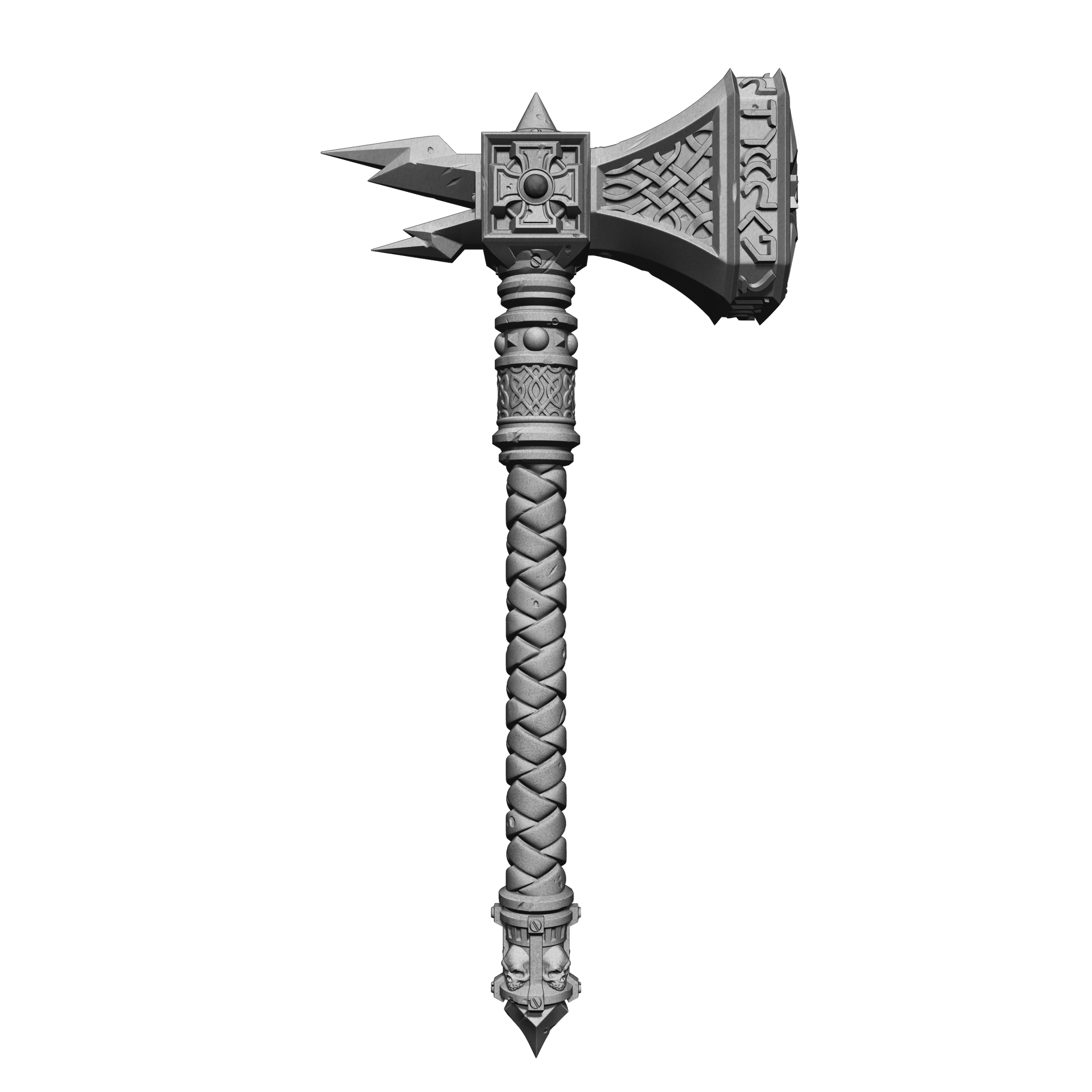 A detailed 3D rendering of a large, ornate weapon with a pointed blade and intricate designs on the handle and other parts.