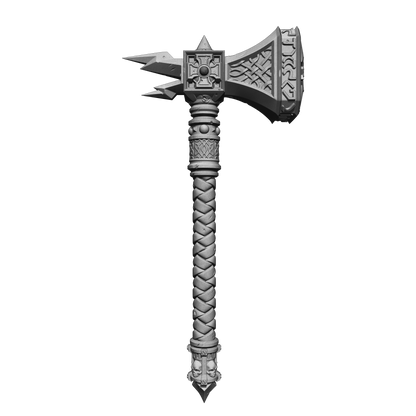 A detailed 3D rendering of a large, ornate weapon with a pointed blade and intricate designs on the handle and other parts.