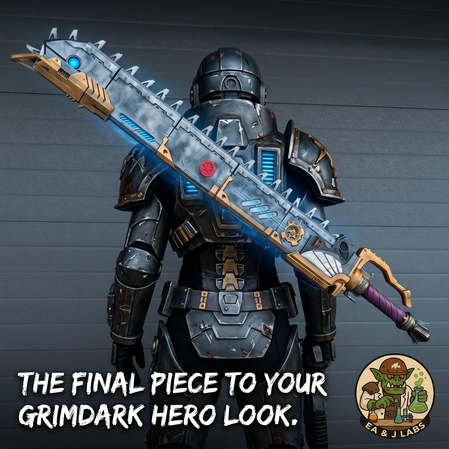 A heavily armored and armed warrior figure stands in front of a dark background, holding a large and intricate sword.