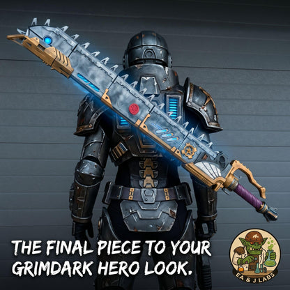 A heavily armored and armed warrior figure stands in front of a dark background, holding a large and intricate sword.