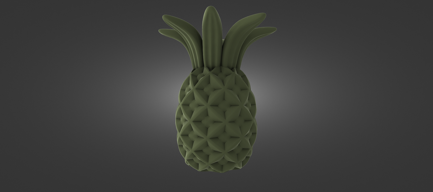 A 3D rendering of a pineapple with a textured, green surface.