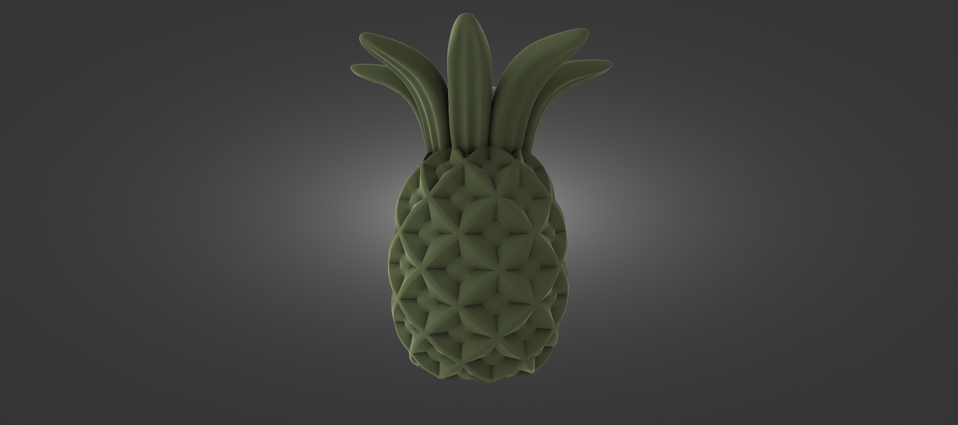 A 3D rendering of a pineapple with a textured, green surface.