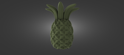 A 3D rendering of a pineapple with a textured, green surface.