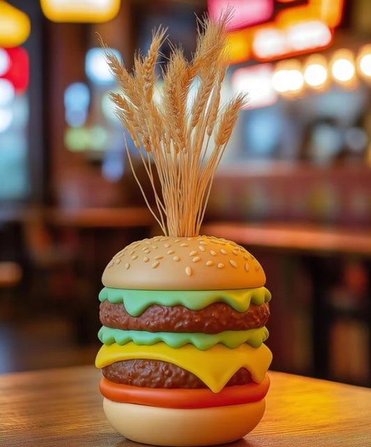 A close-up of a colorful, whimsical toy hamburger made of various materials, including plastic and fabric, with a wheat stalk growing on top.