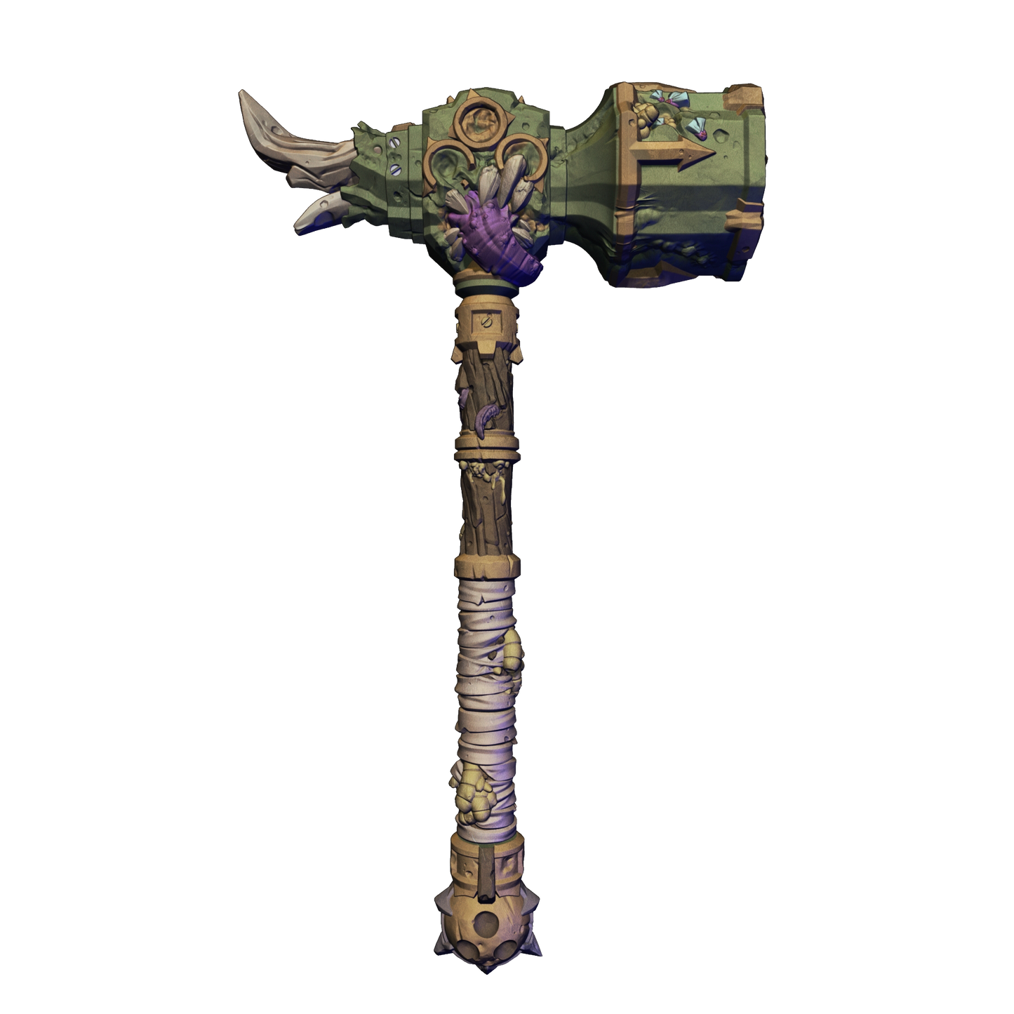 A detailed 3D rendering of a large, ornate hammer with intricate designs and decorations.