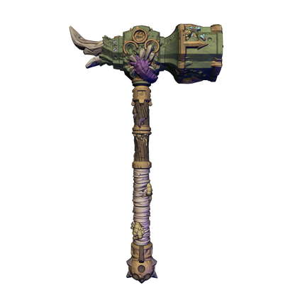 A detailed 3D rendering of a large, ornate hammer with intricate designs and decorations.