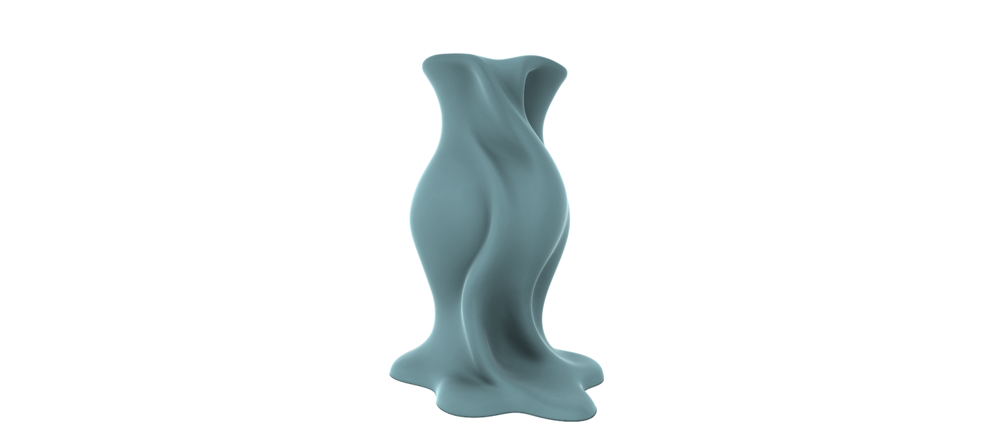 A 3D rendering of a light blue, abstract sculpture resembling a flowing, organic shape against a black background.