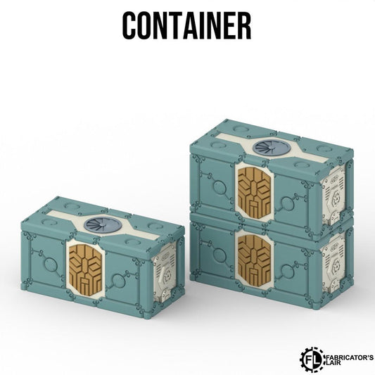 three blue and white containers with intricate designs and patterns, including a circular emblem on each container.