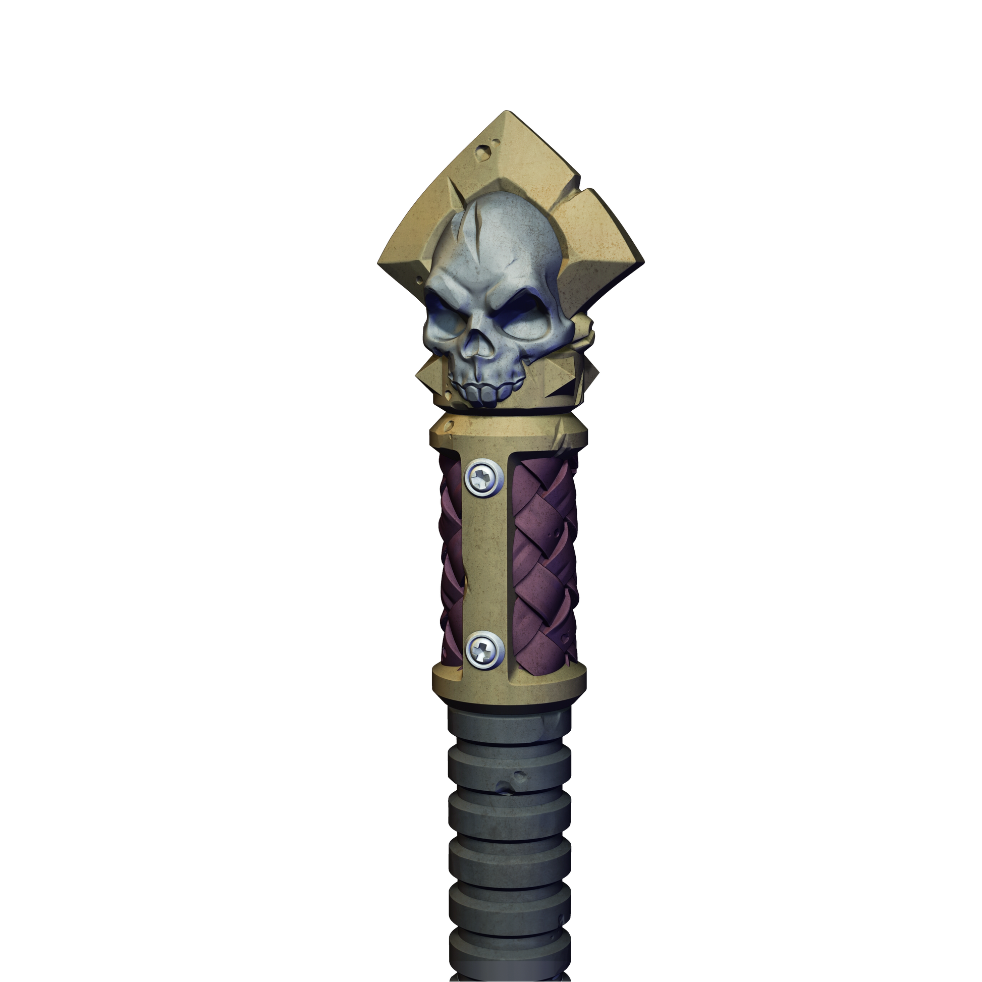 A 3D rendering of a skull-shaped object with a pointed top and a twisted, metallic base.