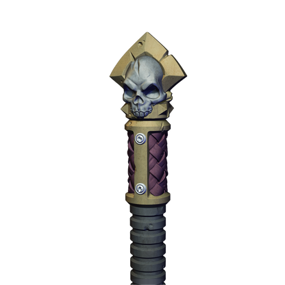 A 3D rendering of a skull-shaped object with a pointed top and a twisted, metallic base.
