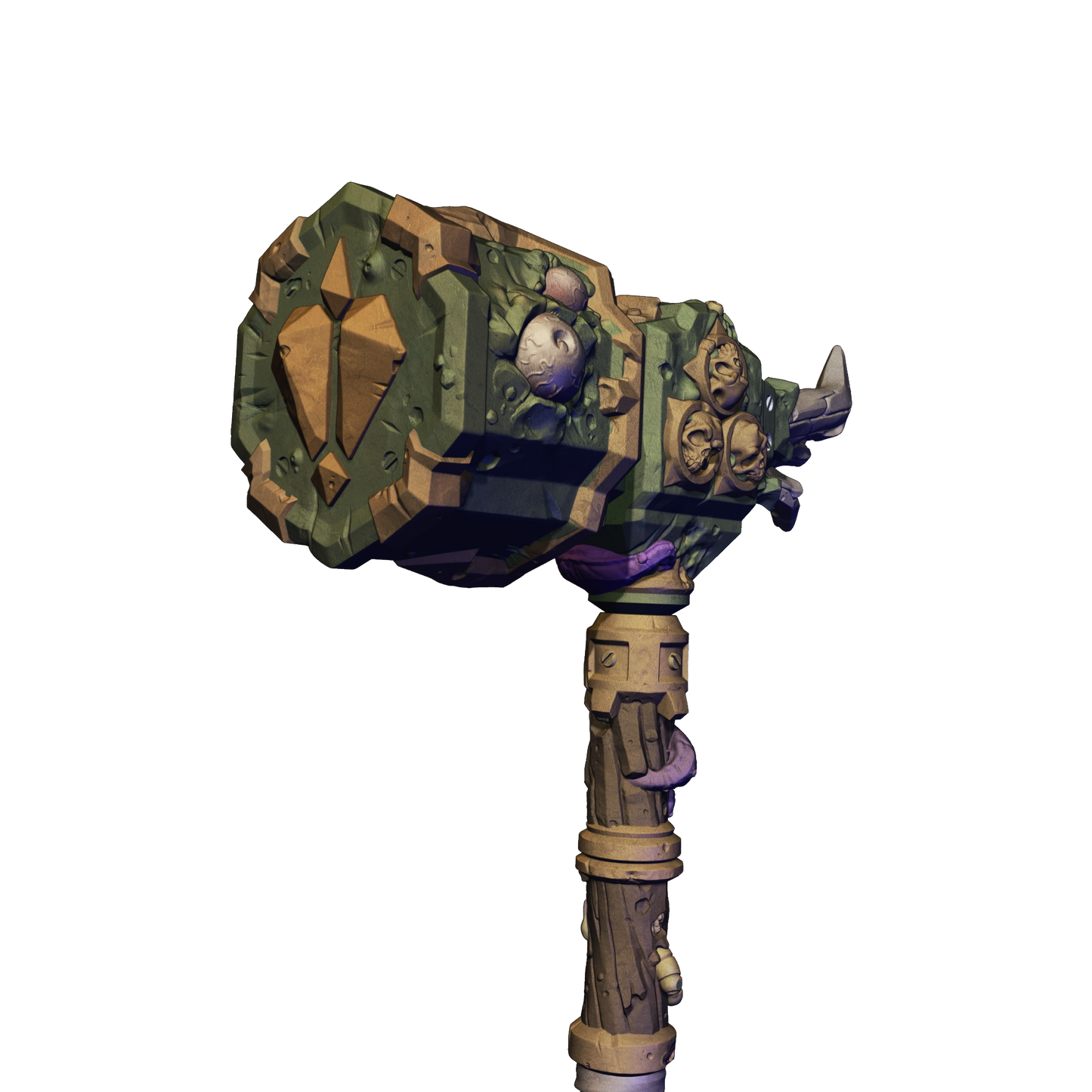 A 3D rendering of a large, ornate hammer-like weapon with a green and brown color scheme and intricate details.