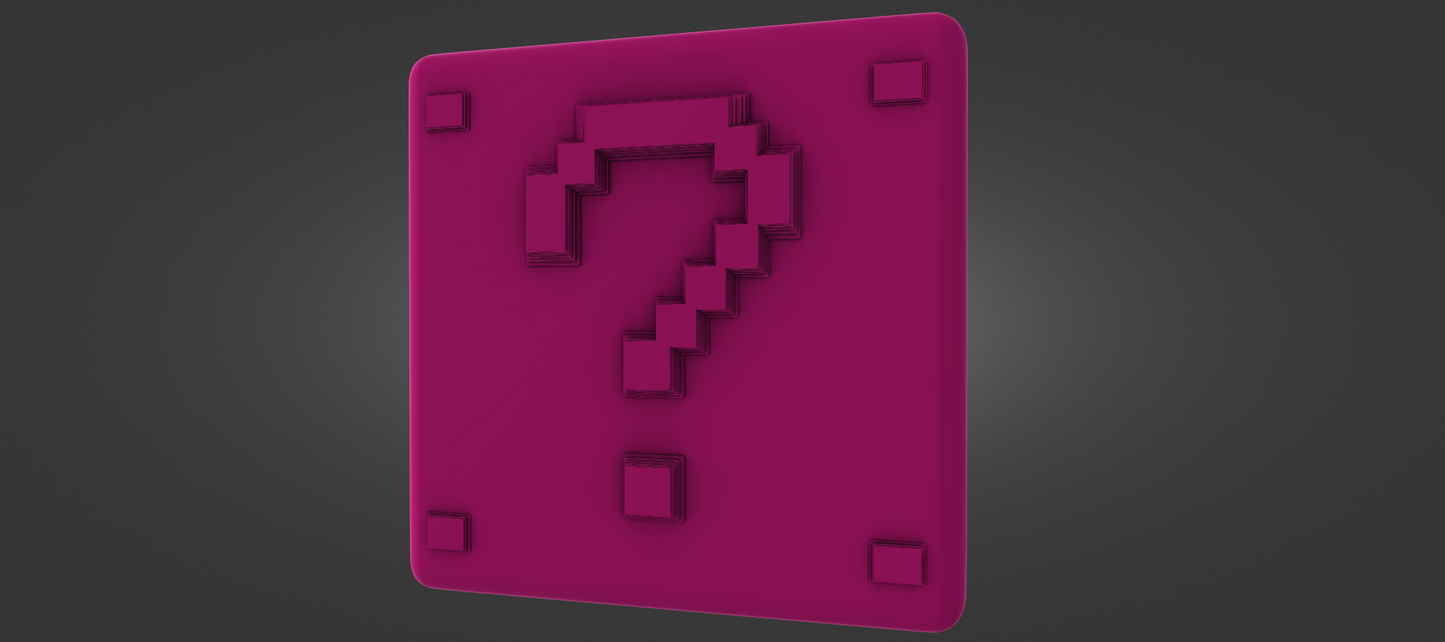 A 3D rendering of a pink square with a question mark symbol inside it.