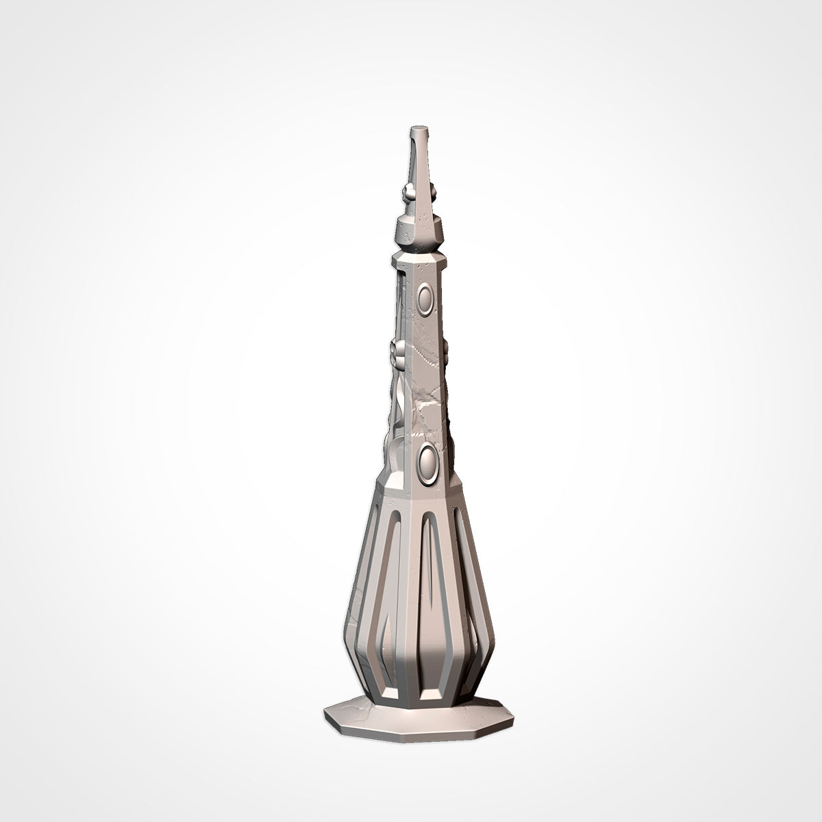 A 3D rendering of a metallic, cylindrical object with a pointed top and a conical base, standing alone against a plain white background.