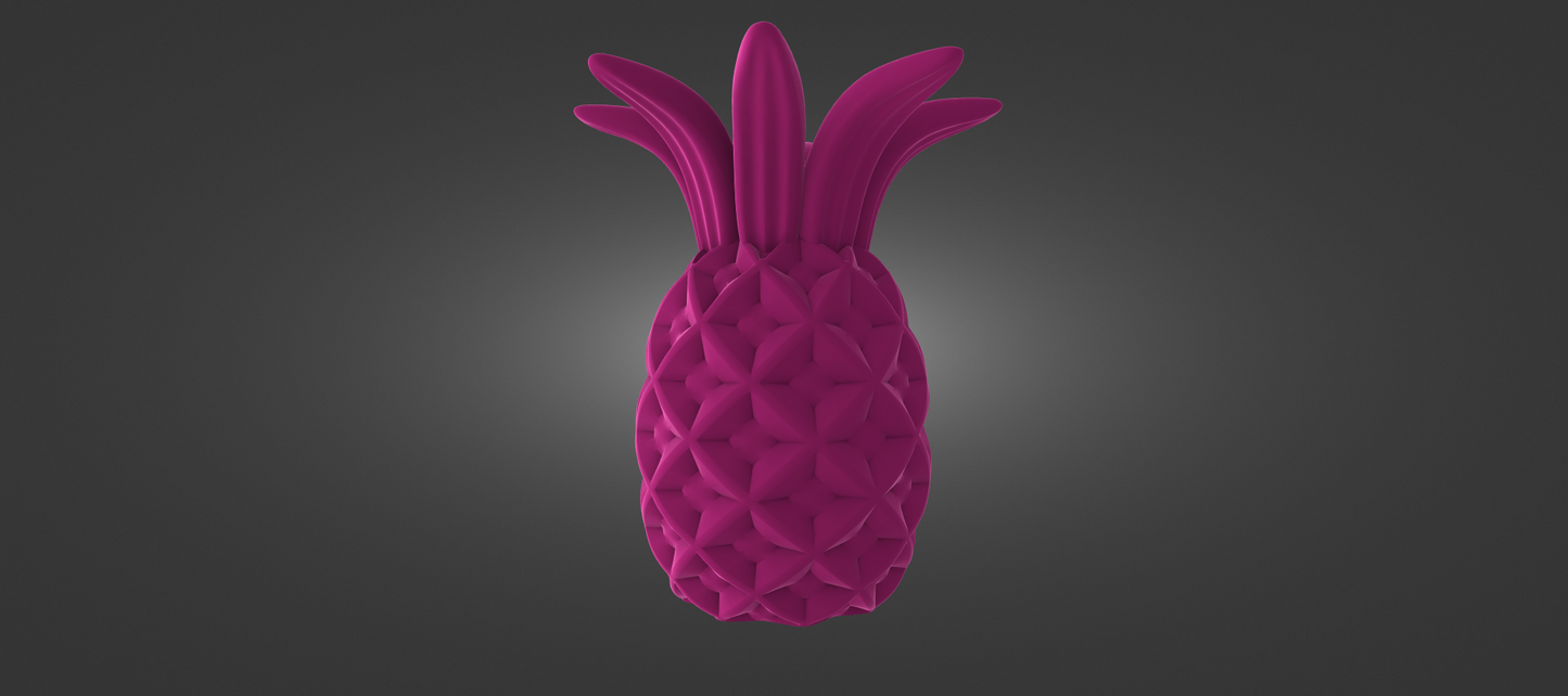 A 3D rendering of a pink pineapple against a dark background.