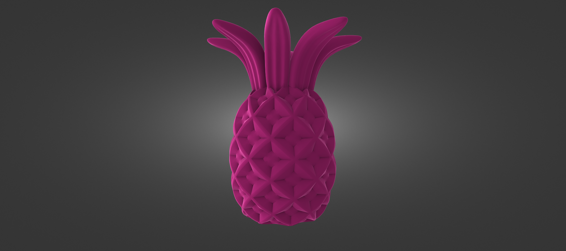 A 3D rendering of a pink pineapple against a dark background.