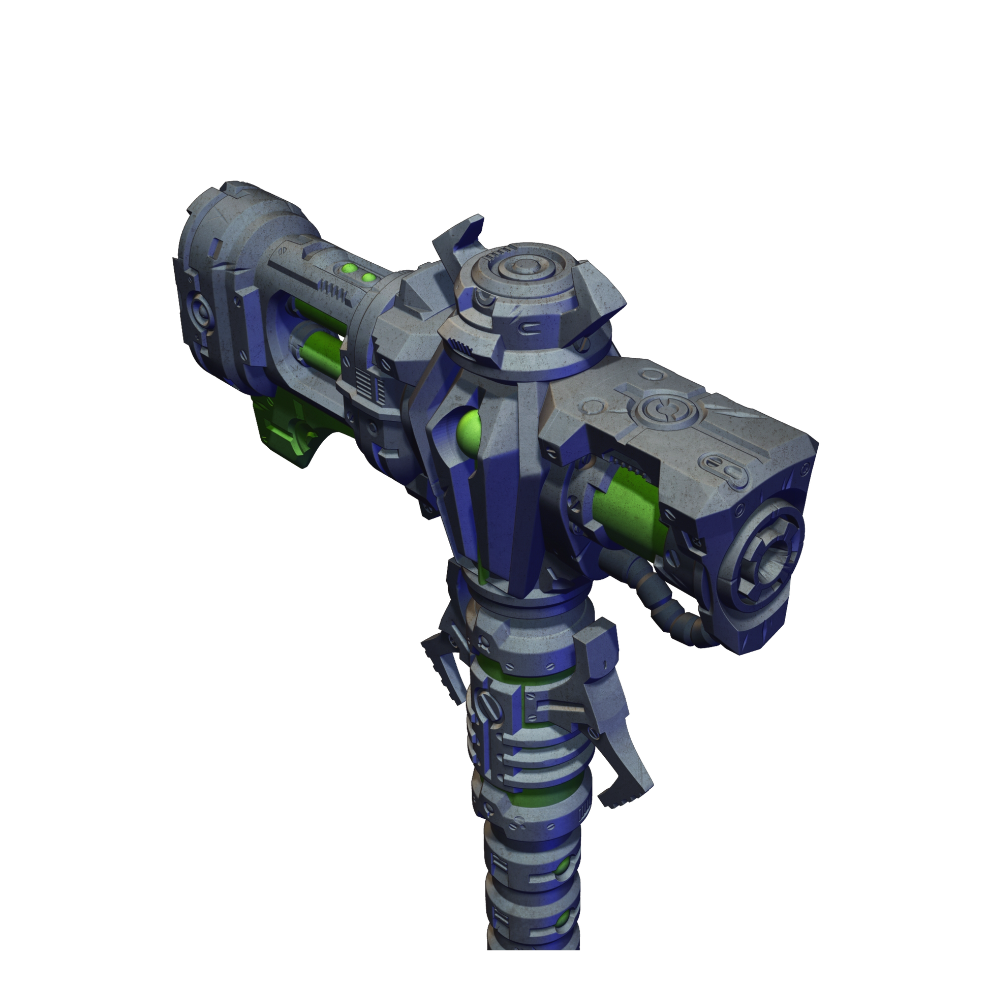 A 3D rendering of a futuristic-looking gun with a complex, angular design and a mix of blue and green colors.