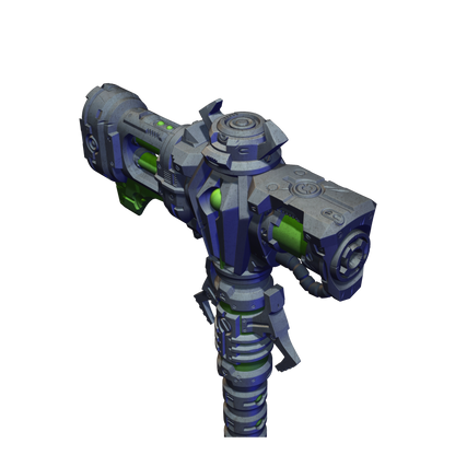 A 3D rendering of a futuristic-looking gun with a complex, angular design and a mix of blue and green colors.