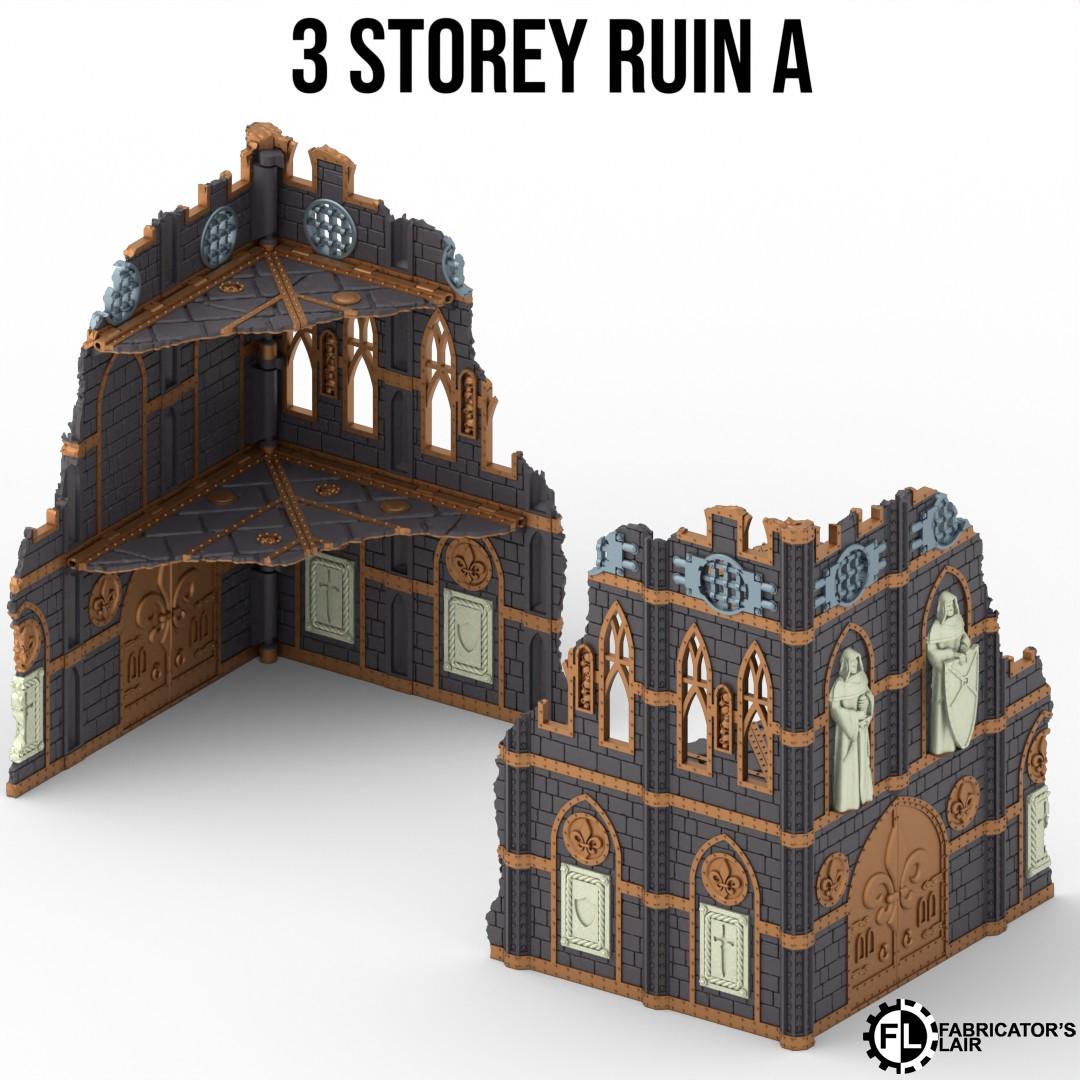 a 3-storey ruin, which is a miniature replica of a historical building. The ruins are made of wood and have intricate architectural details, including arched windows and doorways. The ruins are displayed in a 3D rendering, allowing for a detailed view of the structure.