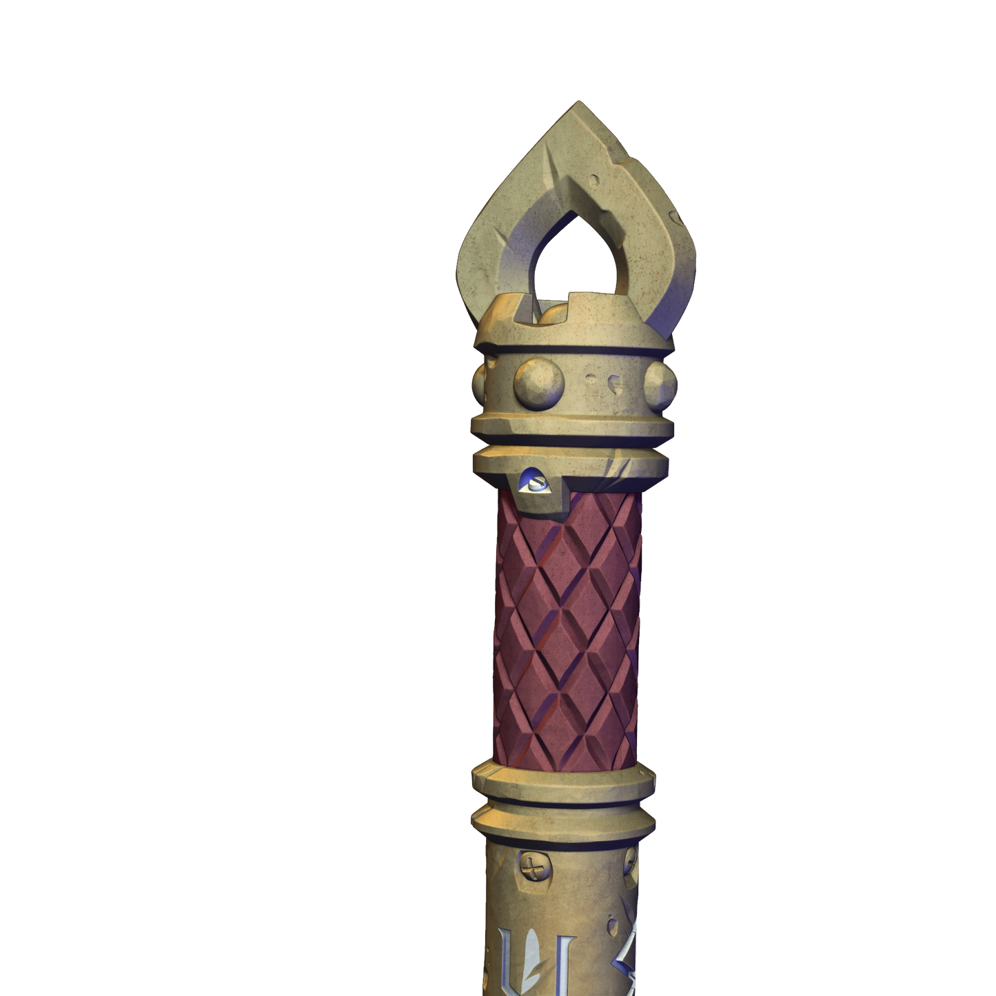 A 3D rendering of a decorative sword-like object with a pointed top and a red and gold patterned body.