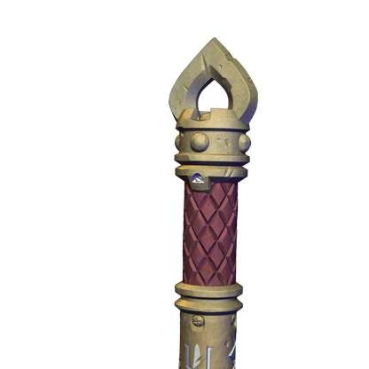 A 3D rendering of a decorative sword-like object with a pointed top and a red and gold patterned body.