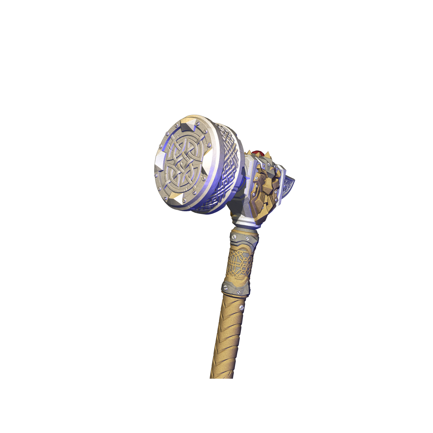 A 3D rendering of a golden and silver object with intricate designs and patterns, resembling a ceremonial or ceremonial weapon.