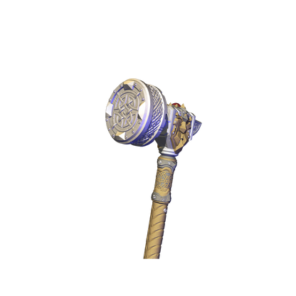 A 3D rendering of a golden and silver object with intricate designs and patterns, resembling a ceremonial or ceremonial weapon.