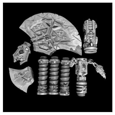various metallic and mechanical objects, including a large shield-like object, a cylindrical component, and a robotic arm, all set against a black background.