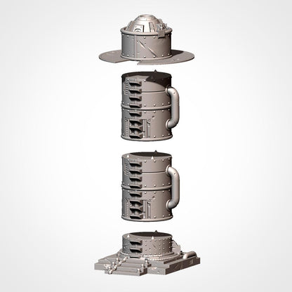 A 3D rendering of a metallic structure with various cylindrical components and a dome-like top.
