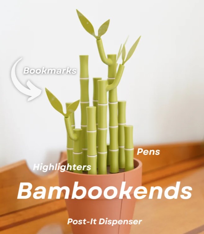 A potted bamboo plant with green leaves and stems, which appears to be a creative and eco-friendly pen holder.