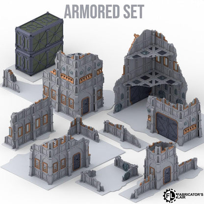 various pieces of a 3D model, including a large armored structure, smaller structures, and a green container. The text "ARMORED SET" is displayed above the image.