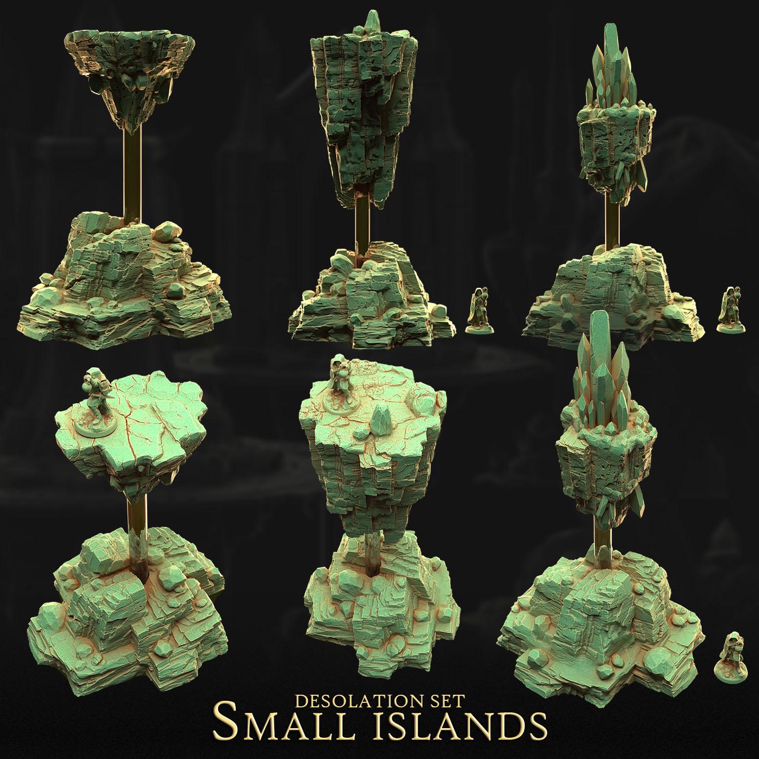 a collection of small islands, each with unique features such as rocks, plants, and small figures. The islands are arranged in a grid-like pattern, creating a visually appealing and intricate composition. The image does not contain any text or specific actions, and the focus is on the artistic arrangement of the islands.