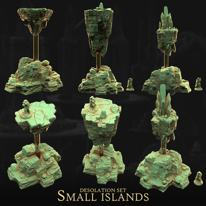 a collection of small islands, each with unique features such as rocks, plants, and small figures. The islands are arranged in a grid-like pattern, creating a visually appealing and intricate composition. The image does not contain any text or specific actions, and the focus is on the artistic arrangement of the islands.