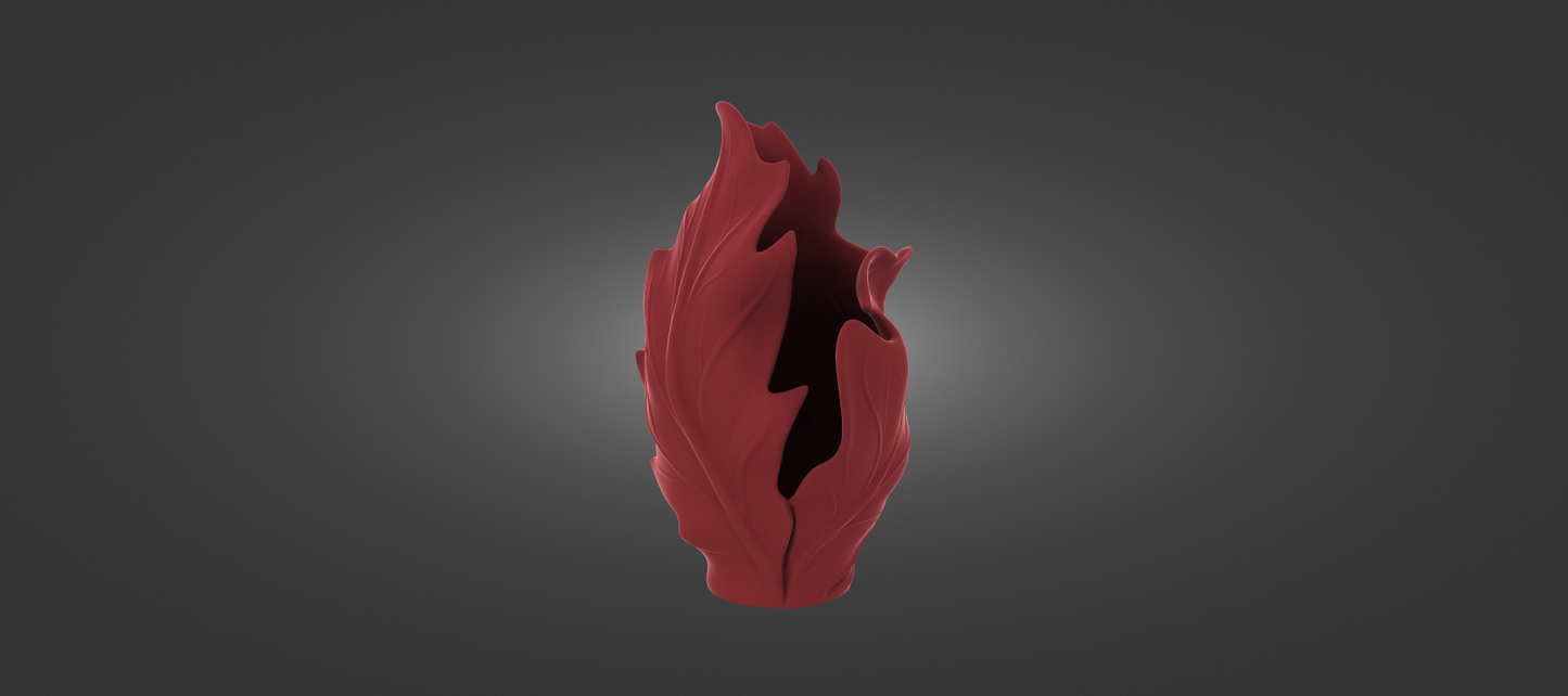 A red, abstract sculpture resembling a flower or plant stands out against a dark background.