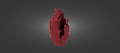 A red, abstract sculpture resembling a flower or plant stands out against a dark background.
