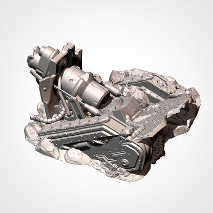 A 3D rendering of a complex, metallic structure with various components and parts, including pipes, wires, and other mechanical elements, set against a plain white background.