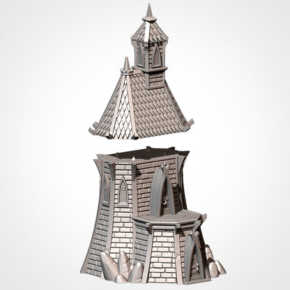 A 3D rendering of a castle-like structure with a pointed roof and multiple towers.